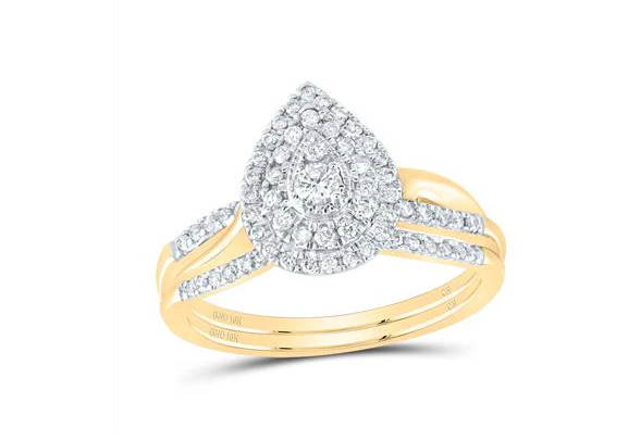 10kt White Gold Round Diamond 3/8CTW-NAT DIA CN PEAR DOUBLE HALO BRIDAL SET