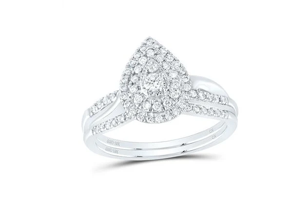 10kt White Gold Round Diamond 3/8CTW-NAT DIA CN PEAR DOUBLE HALO BRIDAL SET - Image 2