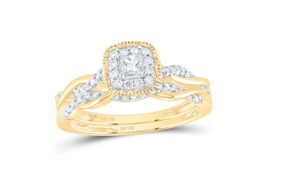 14kt  Gold Round Diamond 1/3CTW-NAT DIA CN CUSHION SINGLE HALO BRIDAL SET