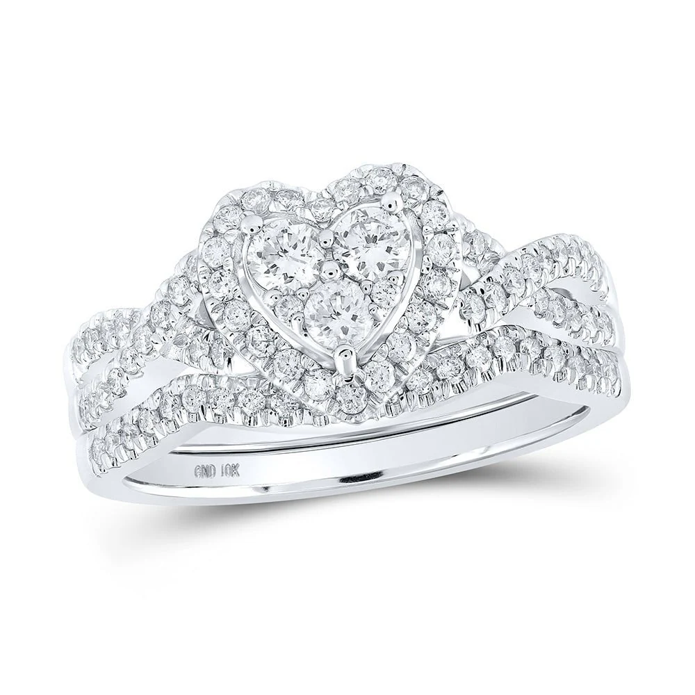 10kt White Gold Round Diamond Heart Bridal Wedding Ring Band Set 5/8 Cttw