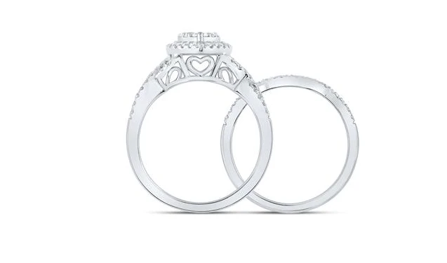 10kt White Gold Round Diamond Heart Bridal Wedding Ring Band Set 5/8 Cttw - Image 4