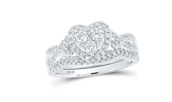 10kt White Gold Round Diamond Heart Bridal Wedding Ring Band Set 5/8 Cttw - Image 5
