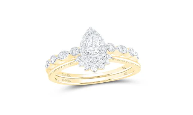 10k White Gold Pear Diamond Halo Bridal Wedding Ring Set 3/8 Cttw (Certified)
