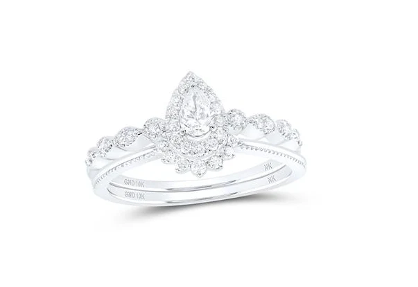 10k White Gold Pear Diamond Halo Bridal Wedding Ring Set 3/8 Cttw (Certified) - Image 2