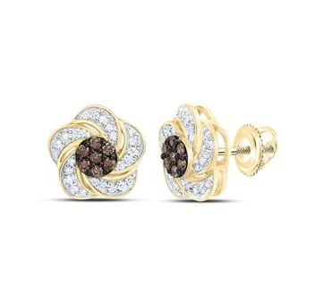 10kt Yellow Gold Womens 1/3CTW-NAT DIA CN COGNAC NATURAL FLOWER EARRING