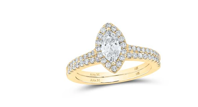 14kt  Gold Marquise Diamond Halo Bridal Wedding Ring Band Set 1 Cttw