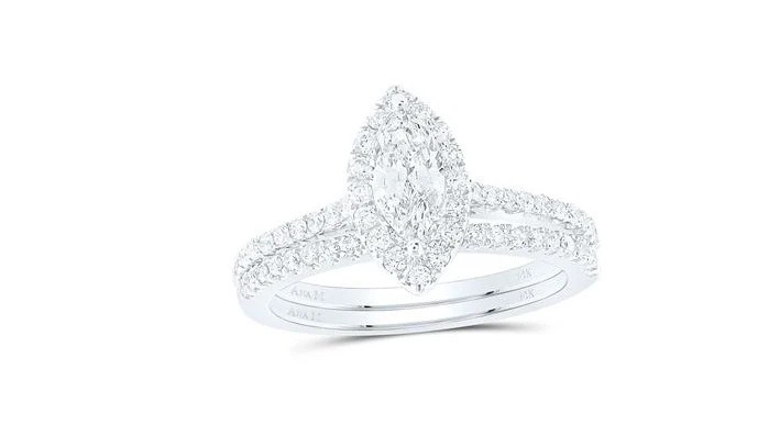 14kt  Gold Marquise Diamond Halo Bridal Wedding Ring Band Set 1 Cttw - Image 2