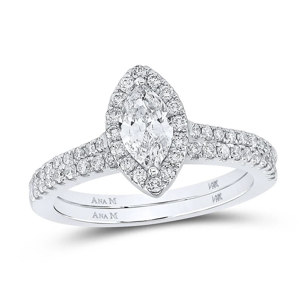 14kt  Gold Marquise Diamond Halo Bridal Wedding Ring Band Set 1 Cttw - Image 3