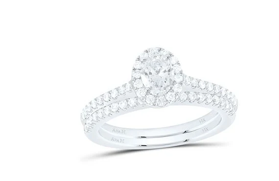 14kt White Gold Oval Diamond Halo Bridal Wedding Ring Band Set 1 Cttw