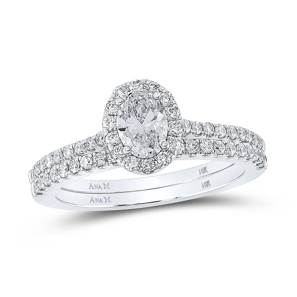 14kt White Gold Oval Diamond Halo Bridal Wedding Ring Band Set 1 Cttw - Image 2