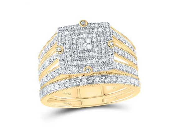 14ktGold Princess Diamond 1/2CTW-NAT DIA NK SQUARE DOUBLE HALO BRIDAL SET