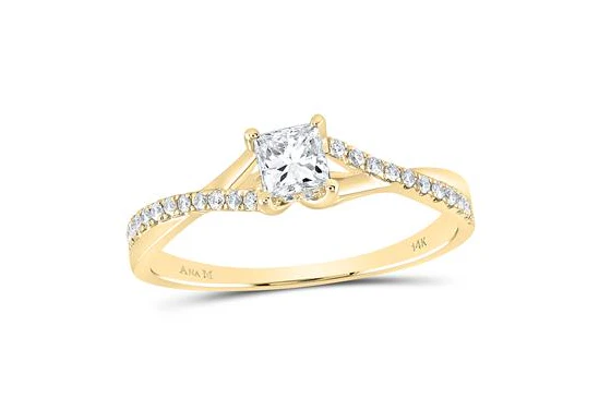 14kt Gold Princess Diamond Cluster Bridal Wedding Ring Band Set 1 Cttw