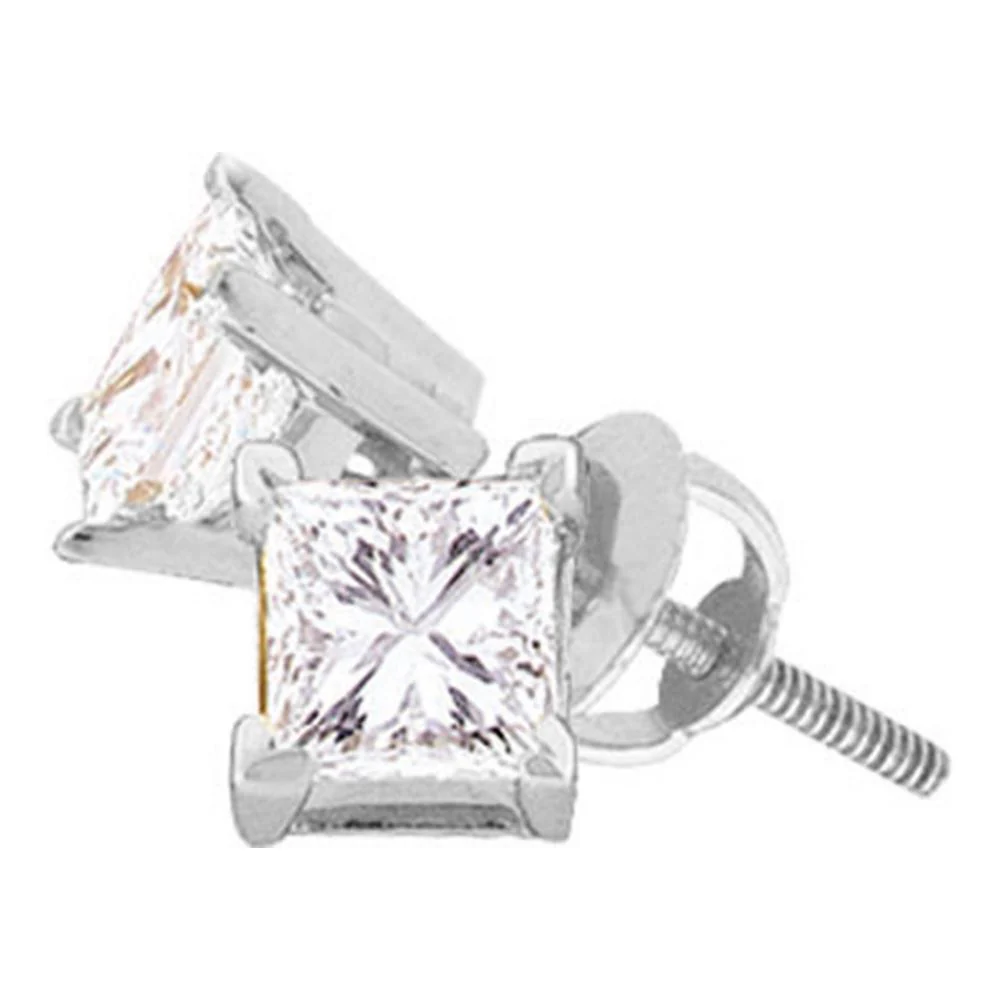 14kt White Gold Unisex Princess Diamond Solitaire Stud Earrings 1/2 Cttw  (Certified) - Image 2