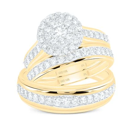14kt Yellow Gold His Hers Round Diamond Cluster Matching Wedding Set 1-3/8 Cttw