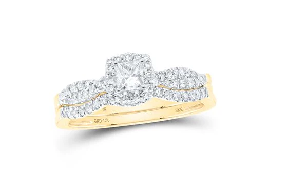 10k White Gold Princess Diamond Halo Bridal Wedding Ring Set 1/2 Cttw (Certified)