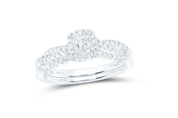 10k White Gold Princess Diamond Halo Bridal Wedding Ring Set 1/2 Cttw (Certified) - Image 2