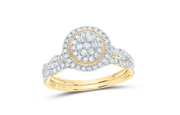 10kt Yellow Gold Women Diamonds 1/2CTW-NAT DIA CN ROUND DOUBLE HALO BRIDAL SET