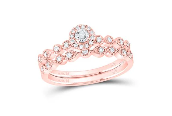 10k Gold Round Diamond Stackable Bridal Wedding Ring Set 1/3 Cttw - Image 2