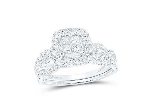 14k White Gold Princess Diamond Square Bridal Wedding Ring Set 1 Cttw