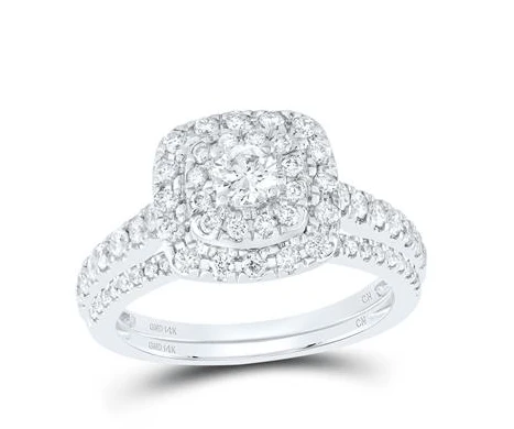 14kt White Gold Round Diamond Halo Bridal Wedding Ring Band Set 1 Cttw