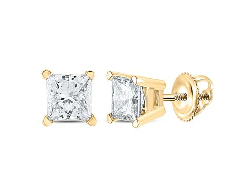 14kt Yellow Gold Unisex Princess Diamond Solitaire Stud Earrings 1 Cttw (Certified)