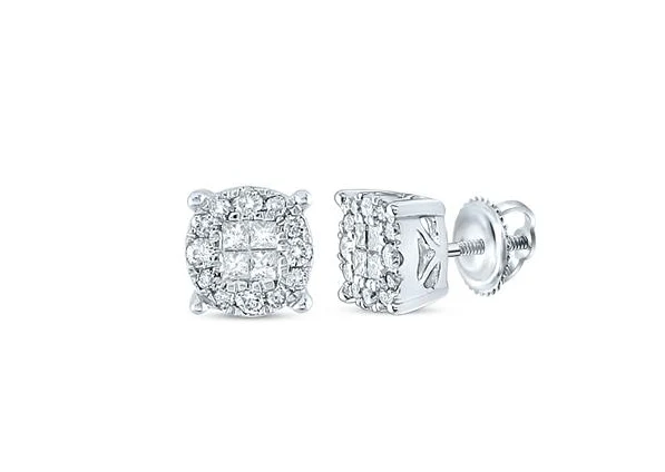 14kt  Gold Womens Princess Round Diamond Cluster Earrings 1/4 Cttw - Image 4
