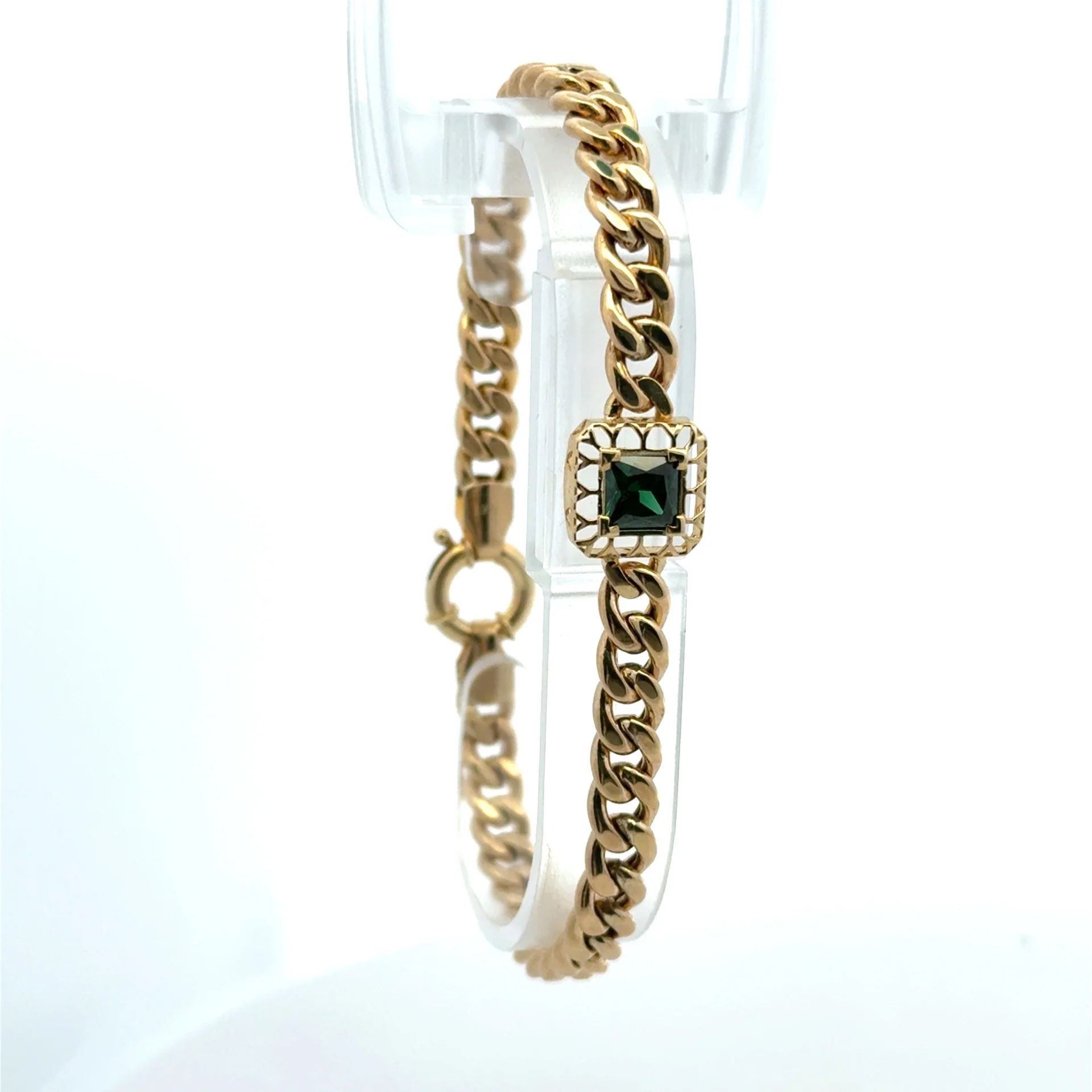 Bracelet Hollow Cuban with Green Stone Detail 6.5mm 8" 10K - Image 2