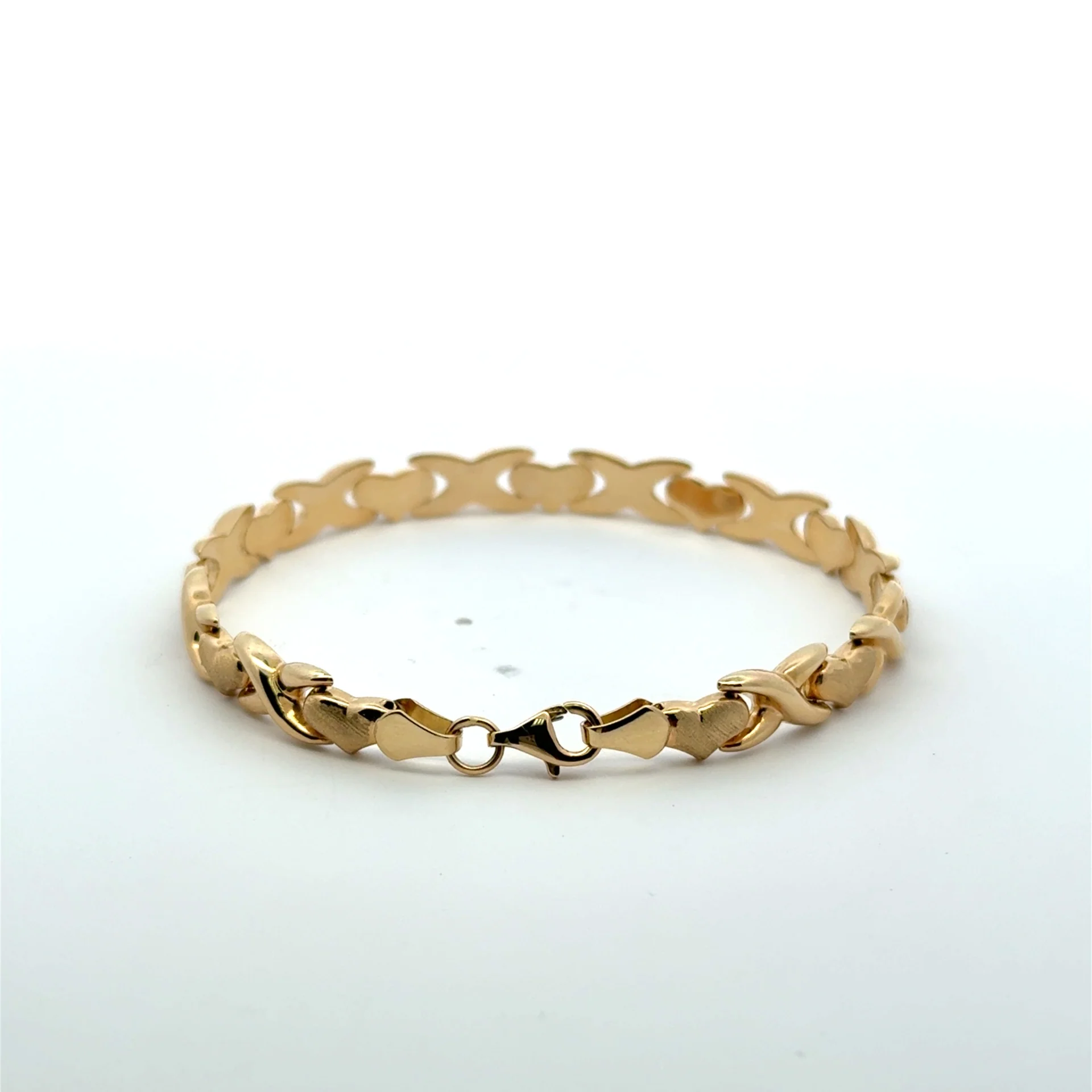 Bracelet Textured Heart&X with Lobster Lock 6.5mm 7.5" 14K