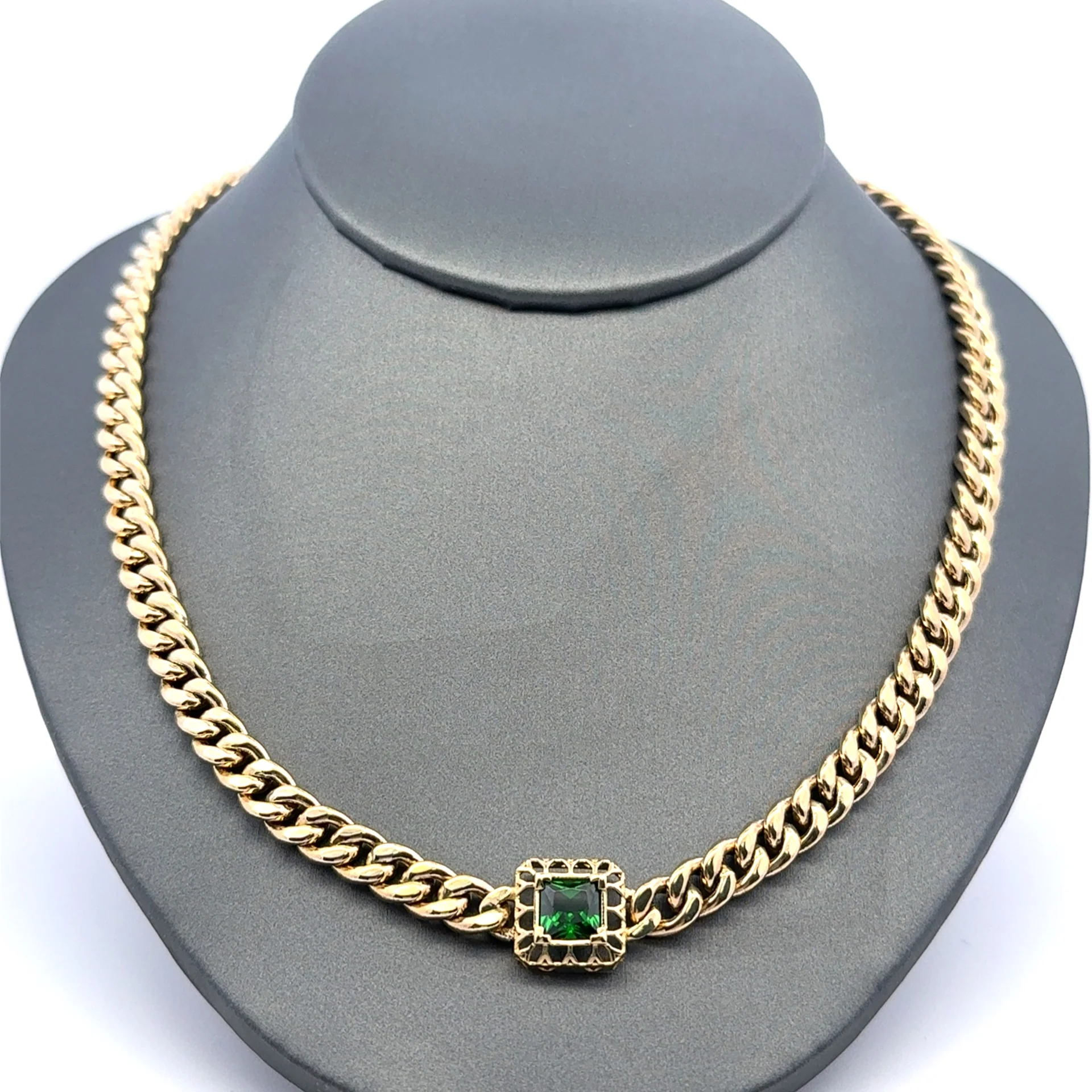 Necklaces Hollow Cuban with Green Stone Detail 6mm 18.5" 10K - Image 2