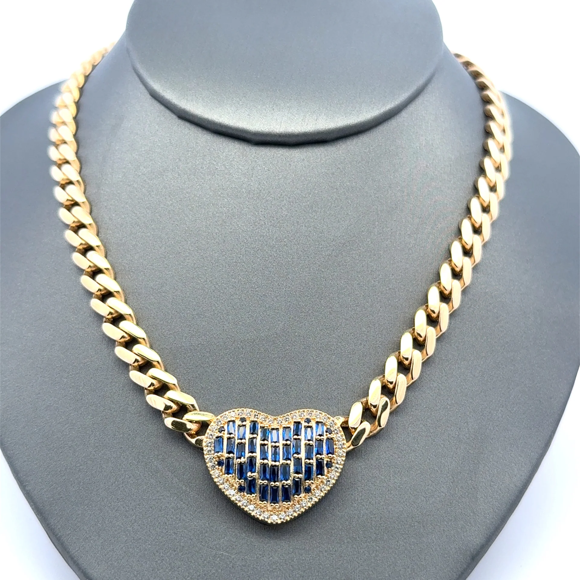 Necklaces Monaco with Blue Stoned Heart CZ-Edged 6.5mm 18" 14K