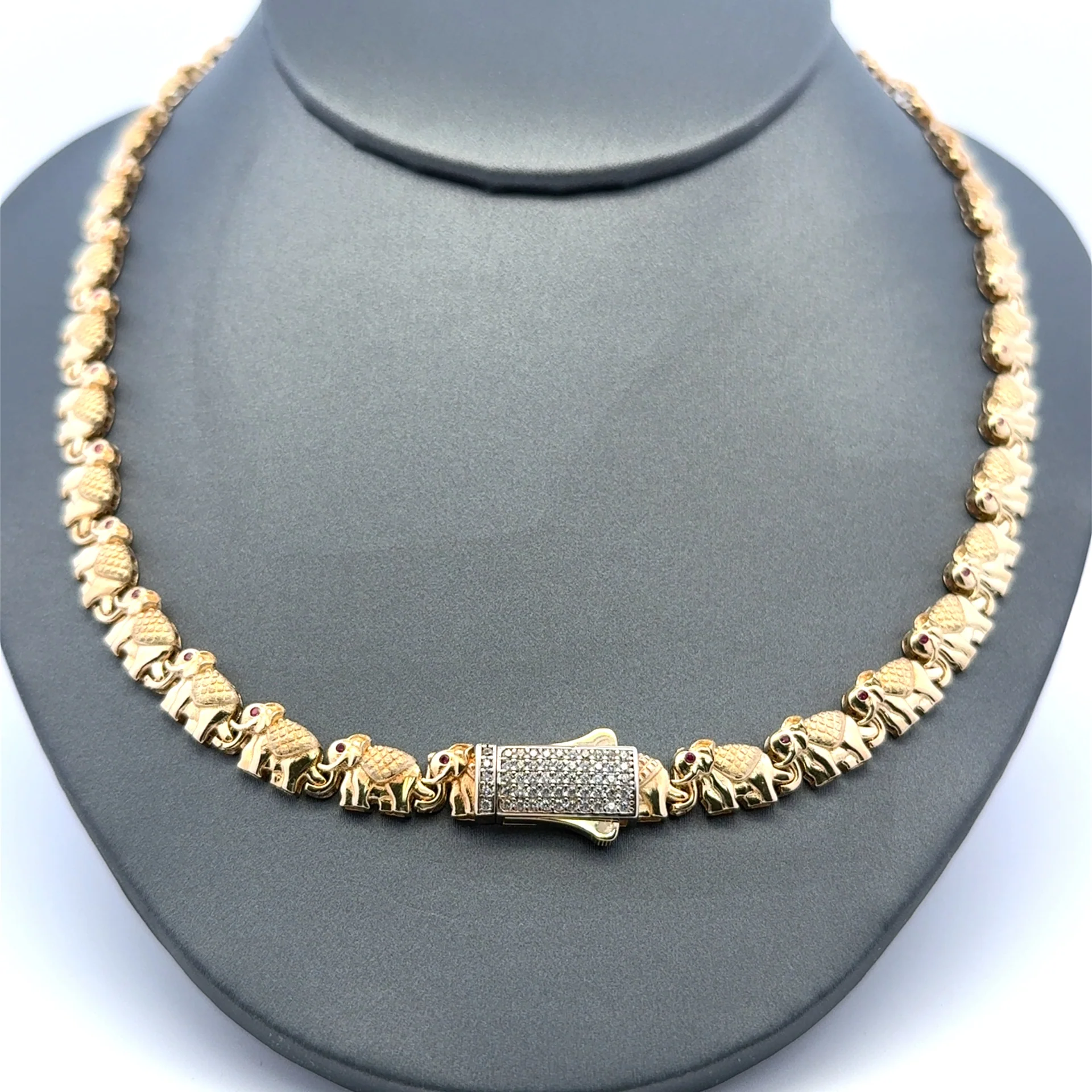 Necklaces Red Eye Elephant Link with CZ-Iced Sleek Lock 7.5mm 17" 14K - Image 4