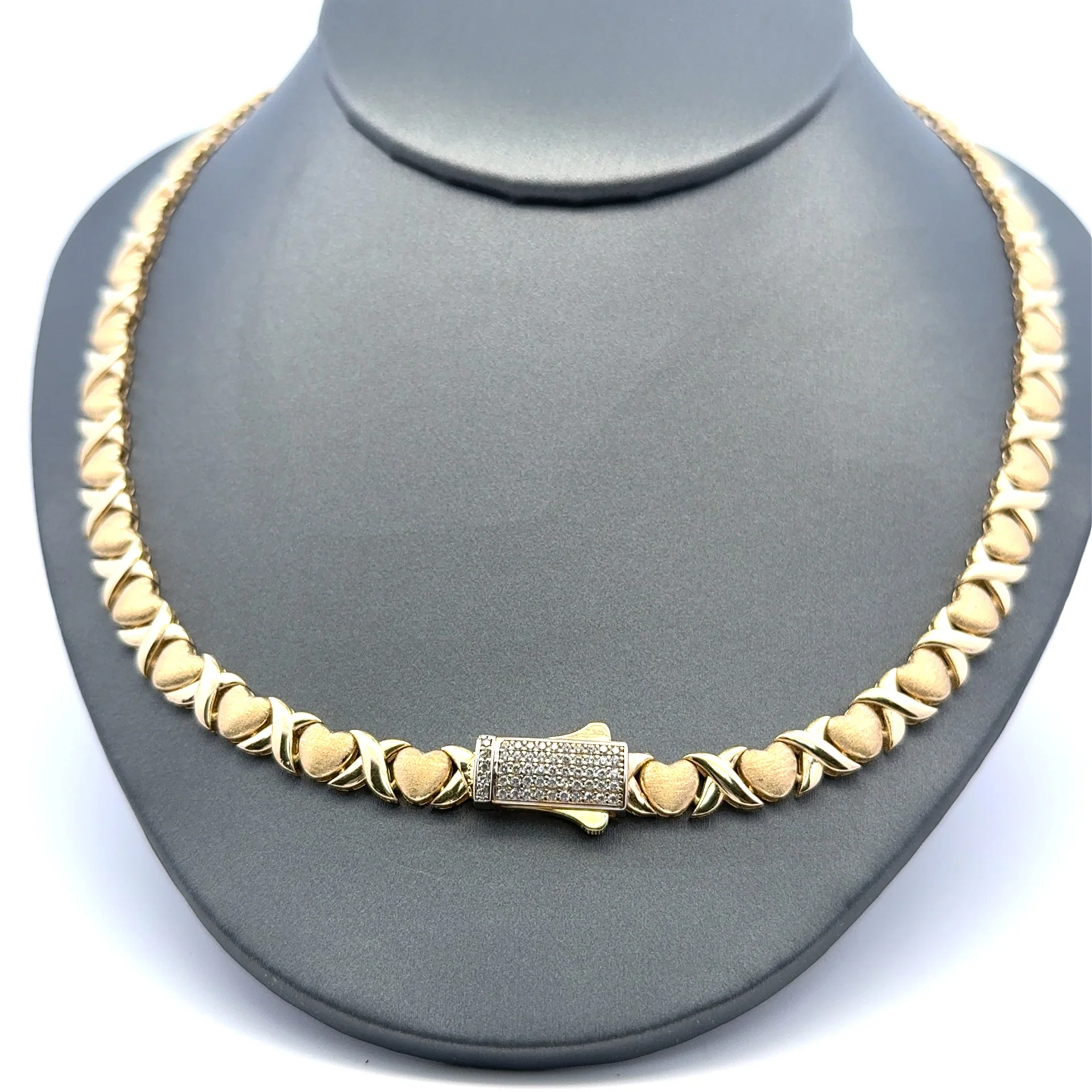 Necklaces Textured Heart&X with CZ-Iced Sleek Lock 6.5mm 17" 14K - Image 2