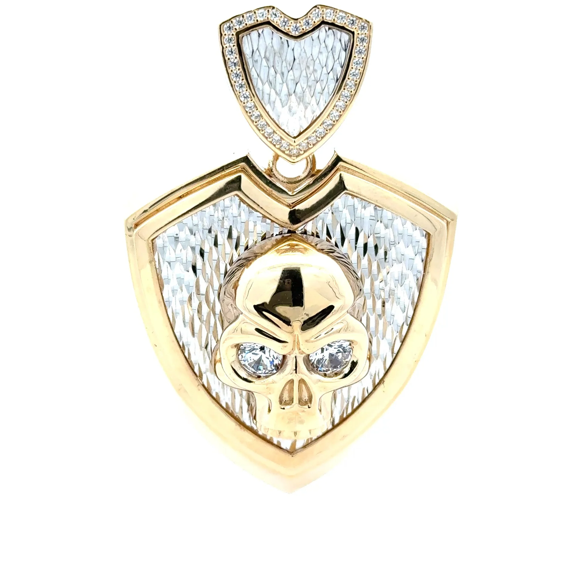 Pendant Crystal Clear-Eyed Skull on Hard Textured Two-Tone Shield 64 10K - Image 2