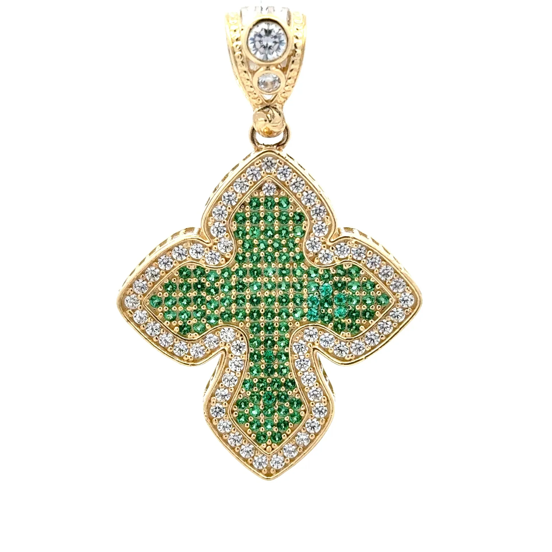 Pendant CZ-Iced Big Trefoil Green Cross 48.5 10K