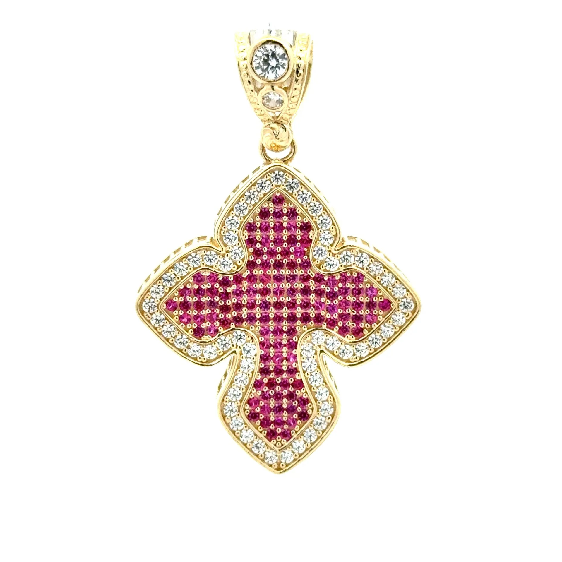 Pendant CZ-Iced Big Trefoil Pink Cross 49 10K - Image 3