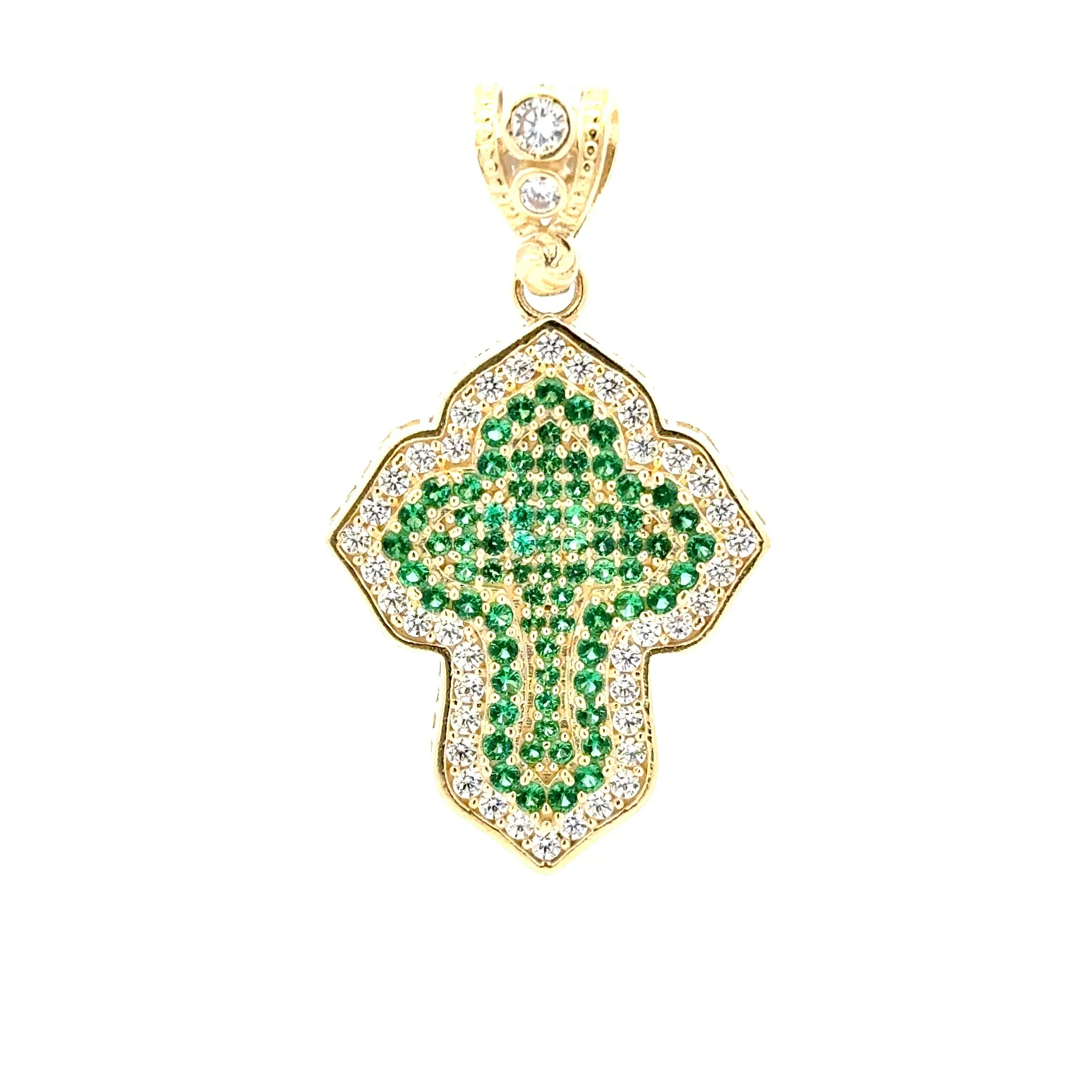 Pendant CZ-Iced Trefoil Green Stepped Angular Cross 42 10K