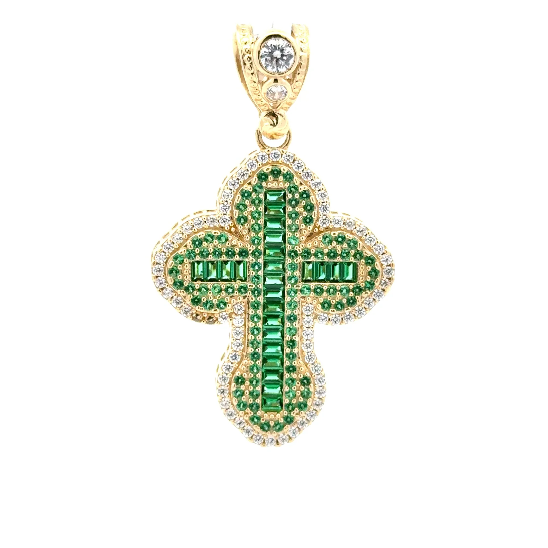 Pendant CZ-Iced with Baguette Stones in Trefoil Cross 39 10K - Image 2