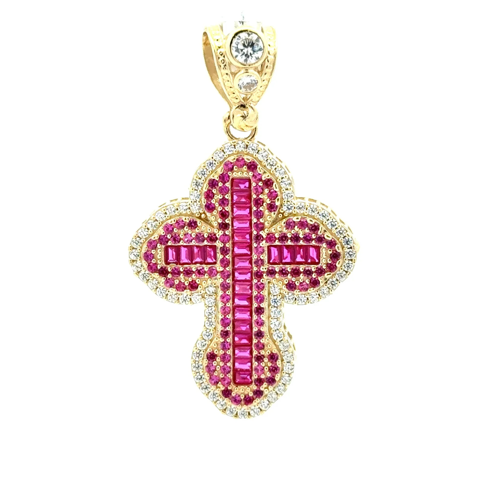 Pendant CZ-Iced with Green Baguette Stones in Trefoil Cross 48.5 10K - Image 2