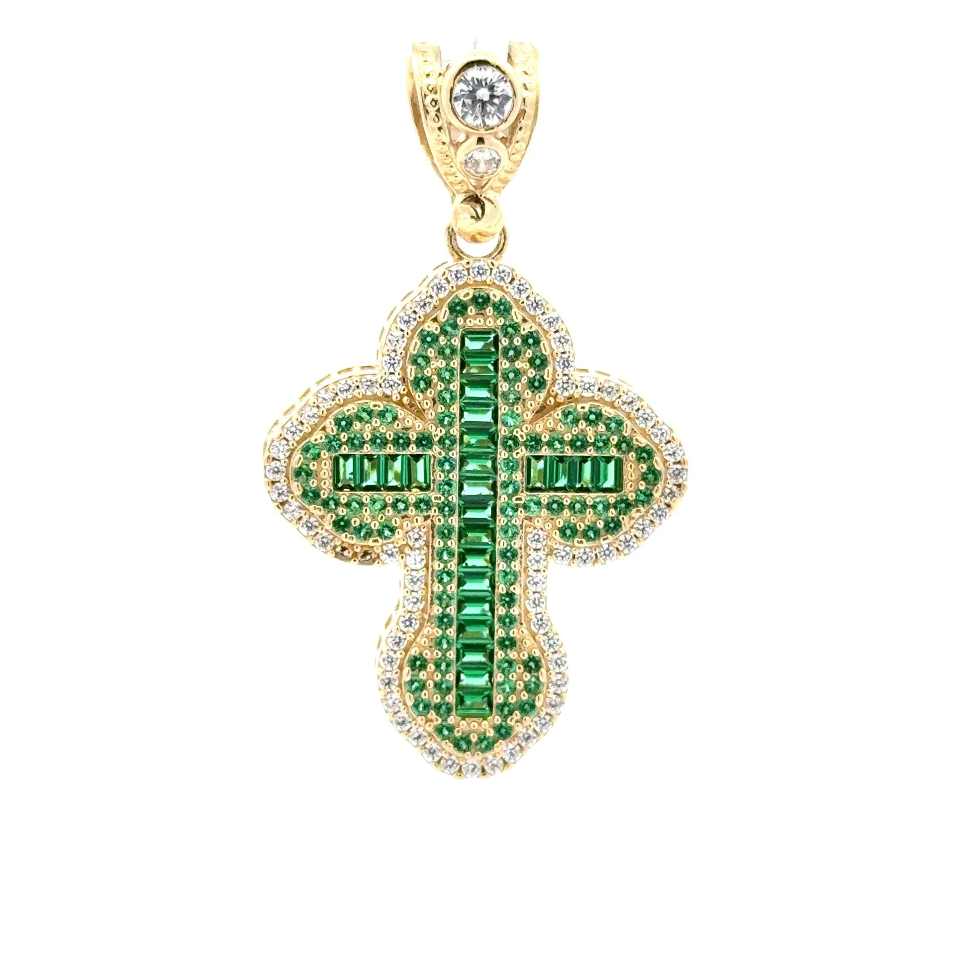 Pendant CZ-Iced with Green Baguette Stones in Trefoil Cross 48.5 10K - Image 3