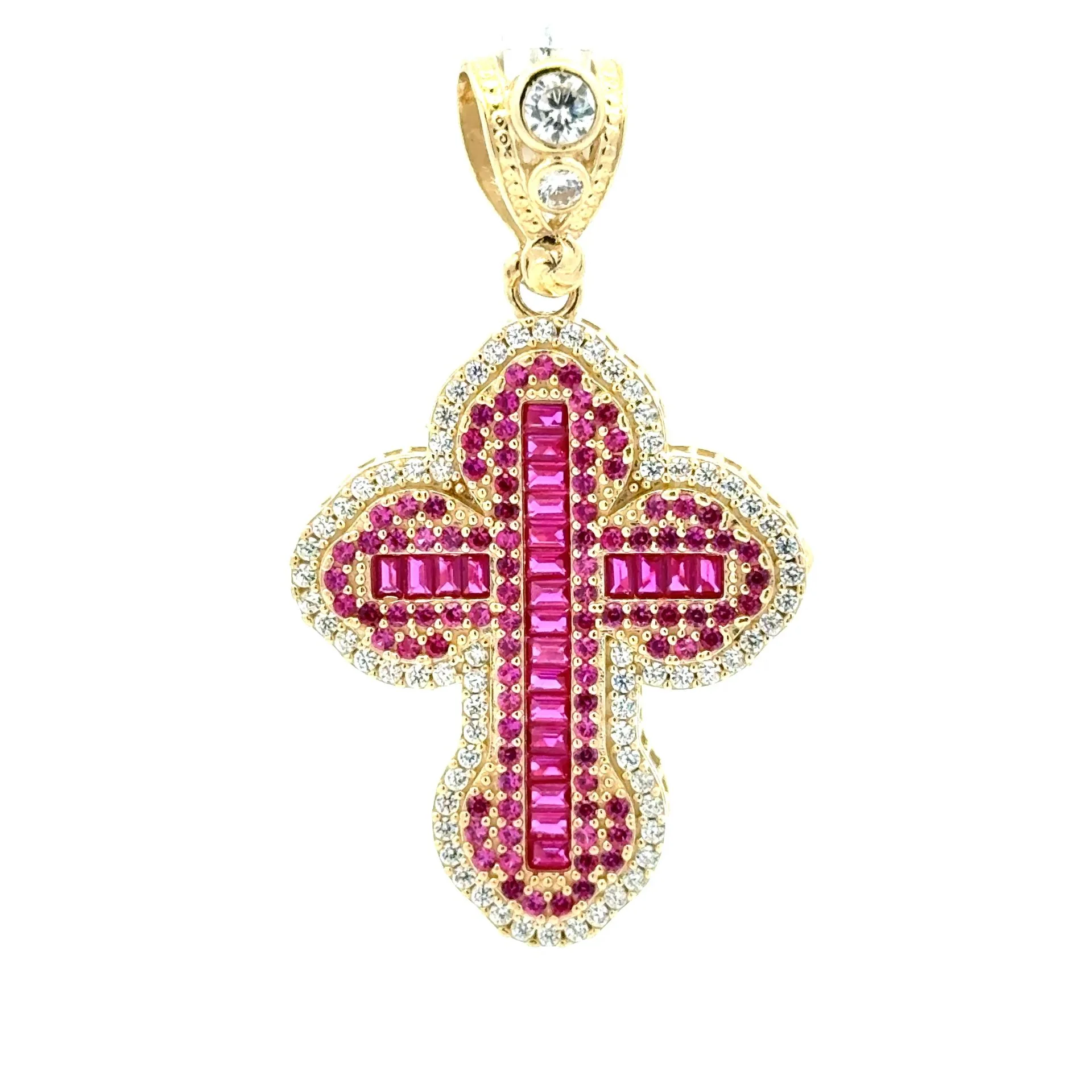 Pendant CZ-Iced with Pink Baguette Stones in Trefoil Cross 48.5 10K - Image 3