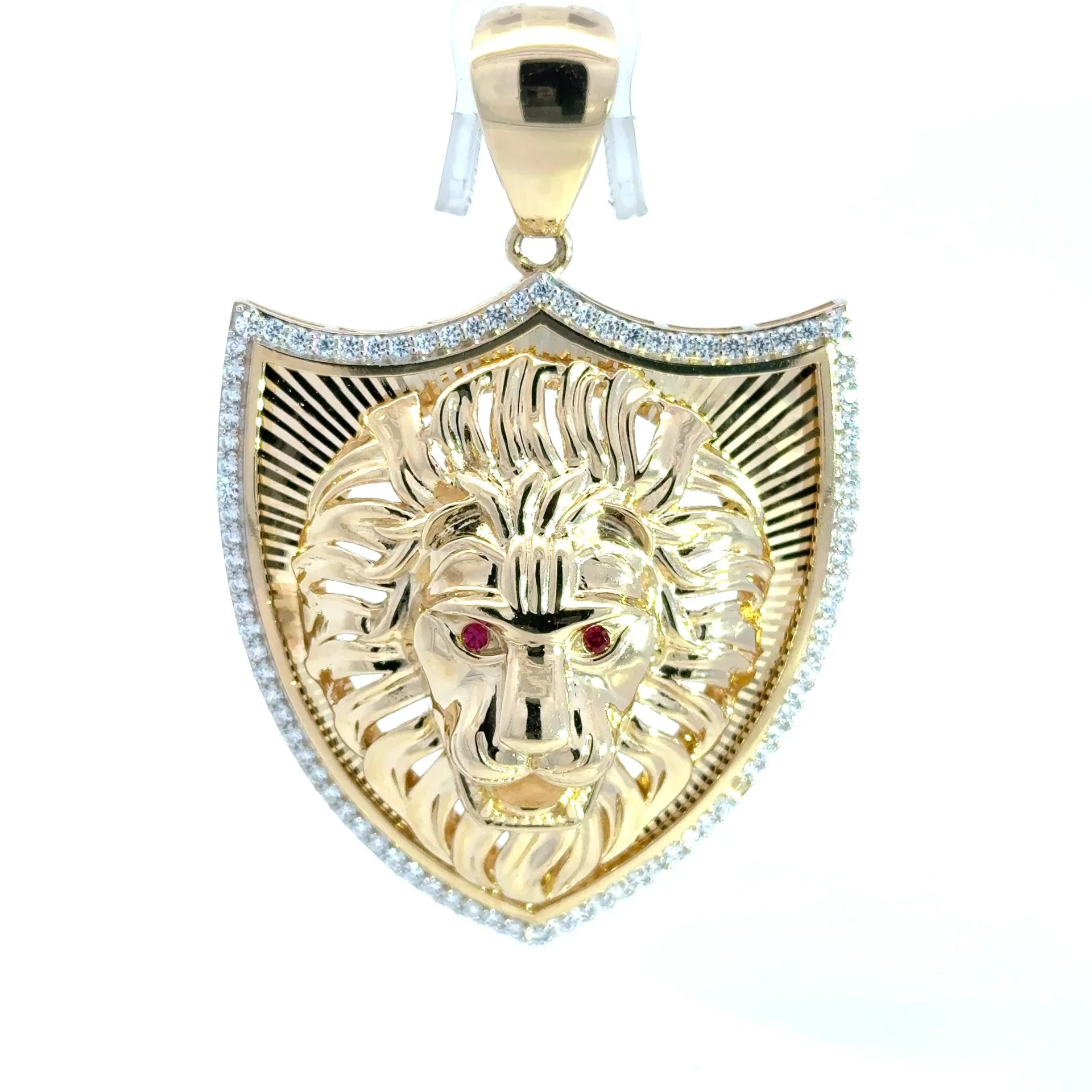 Pendant Red-Eyed Roaring Lion Head on CZ-Edged Shield 67 10K - Image 3