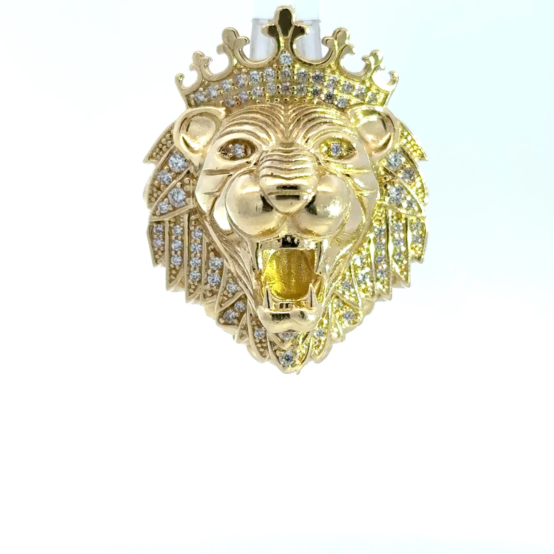 Pendant Roaring Lion Head with Crown & CZ 32 10K