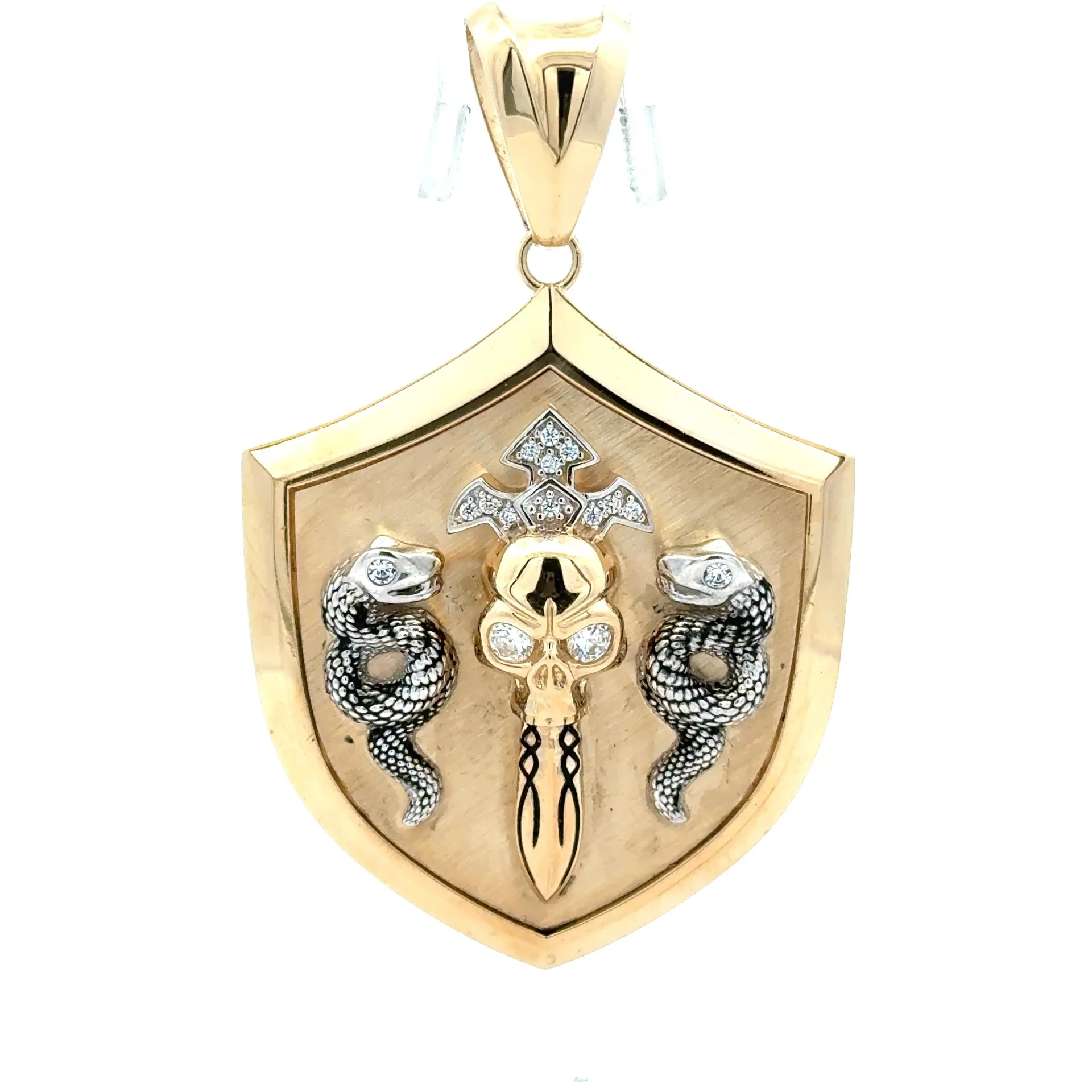 Pendant Snakes & Skull Sword Shield with CZ 55 10K