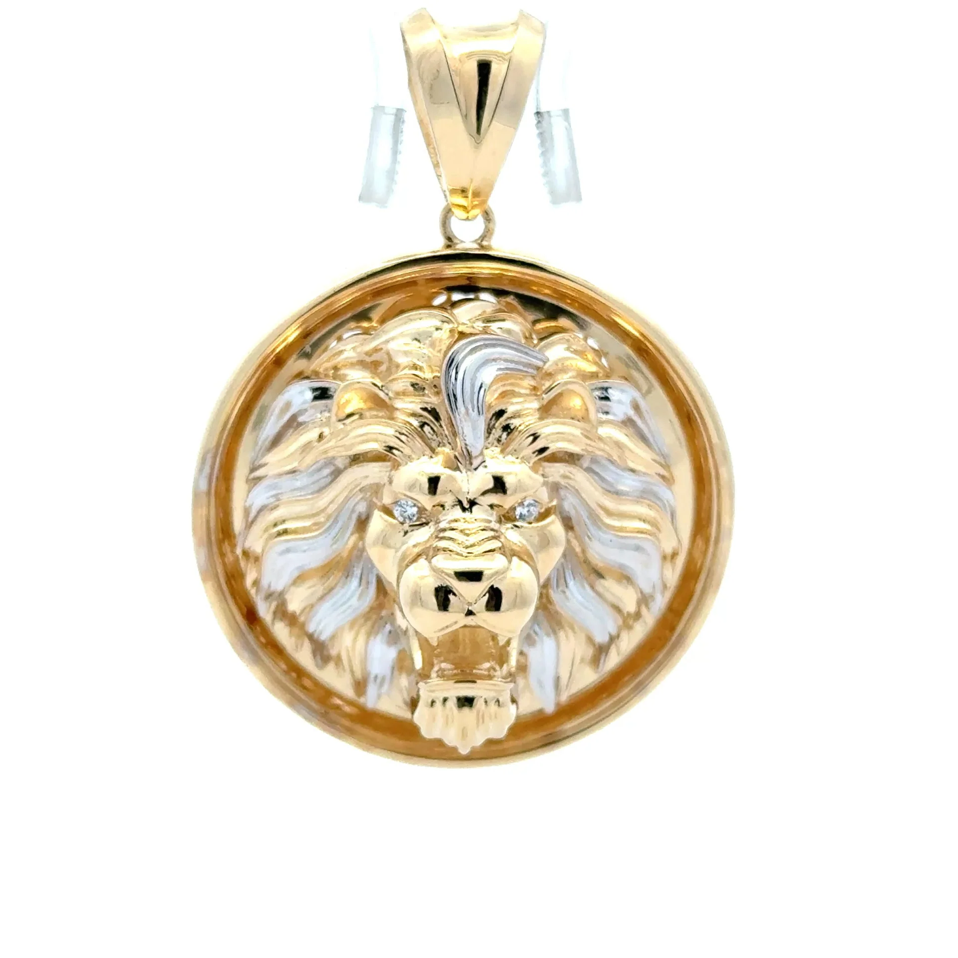 Pendant Two-Tone Roaring Lion & CZ in Medallion 55 10K