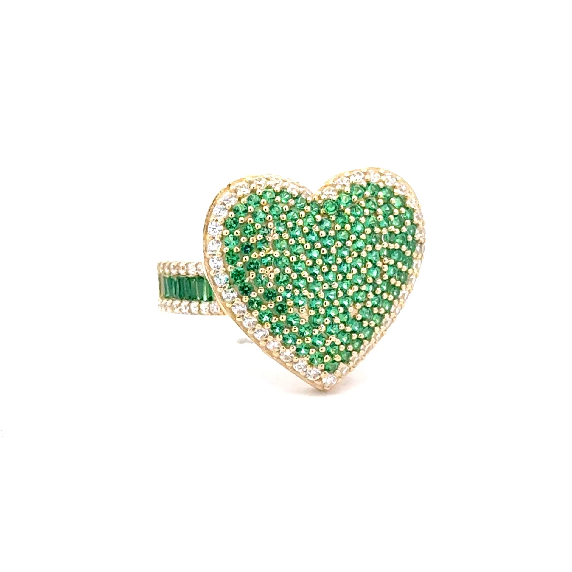 Ring Band with CZ-Iced Big Green Heart 7.5 3.5mm 10K - Image 3