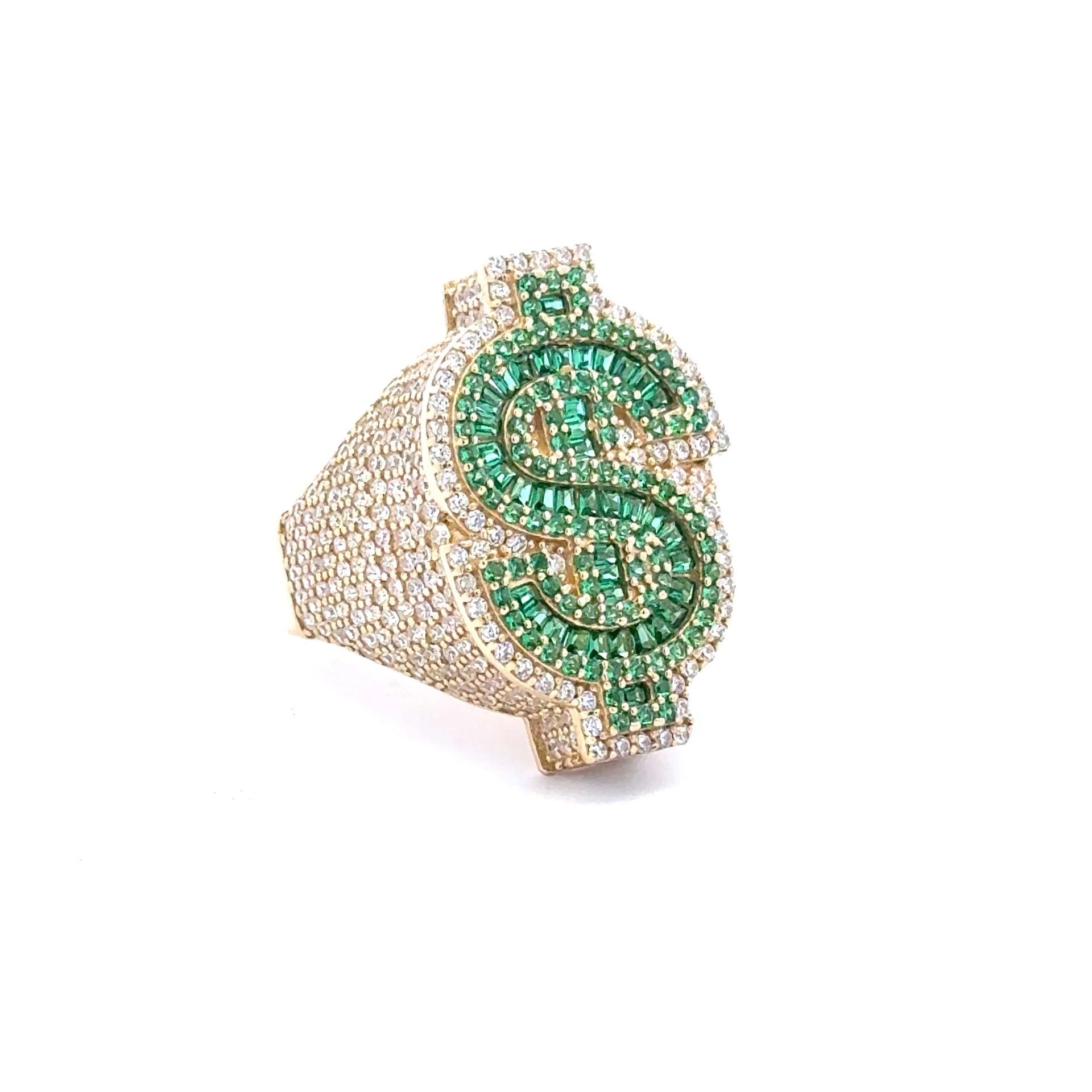 Ring CZ-Iced Big Green Dollar Sign 9 4.5mm 10K