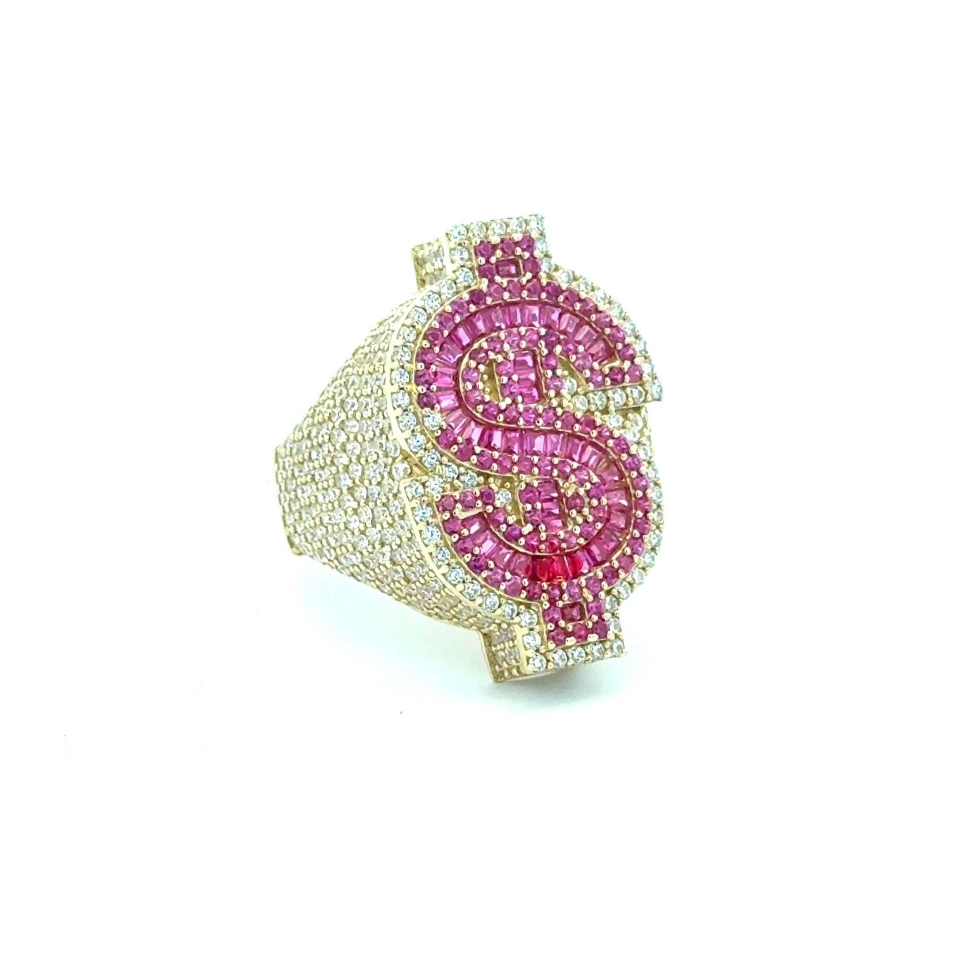 Ring CZ-Iced Big Pink Dollar Sign 9.5 5mm 10K