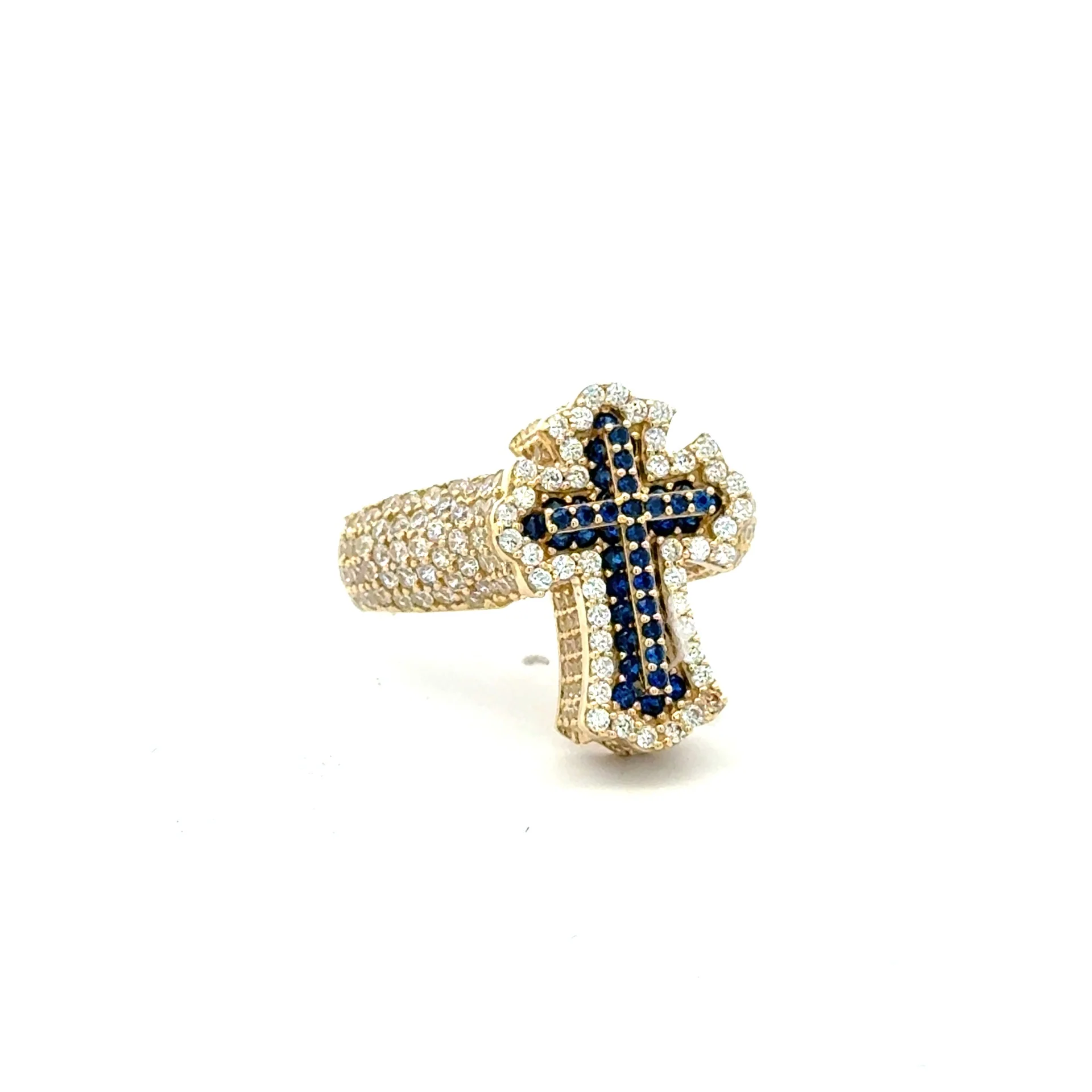 Ring CZ-Iced Embellished Blue Stepped Latin Cross 9.5 3.5mm 10K