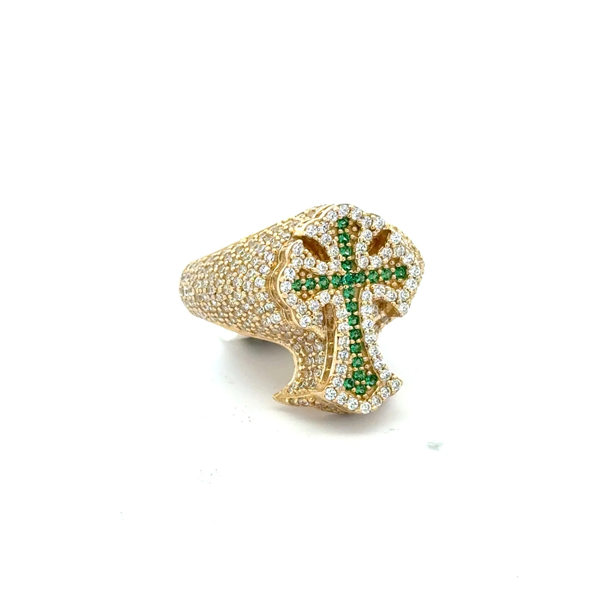 Ring CZ-Iced Embellished Green Latin Cross 9 3mm 10K
