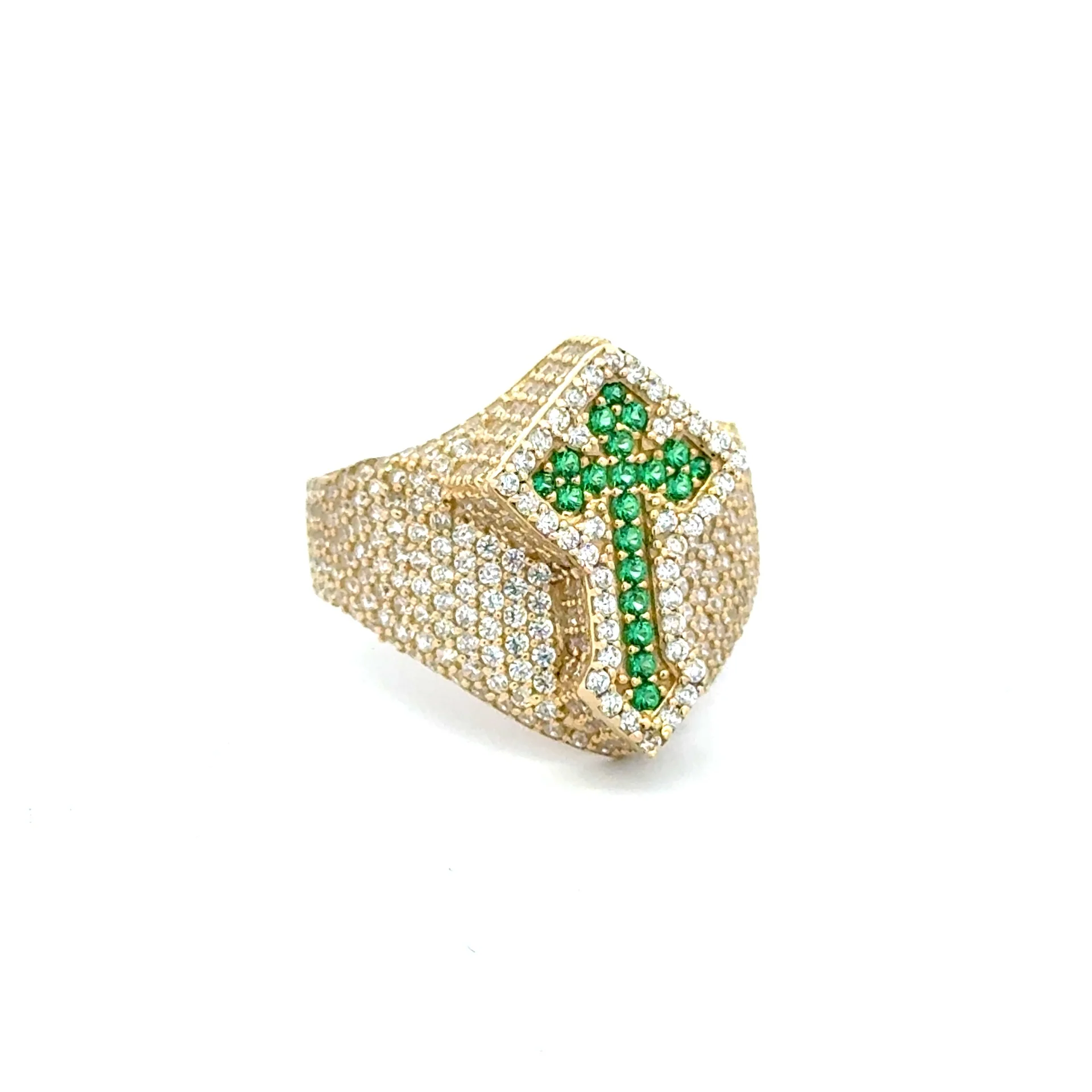 Ring CZ-Iced Shield Angular Green Cross 11 4mm 10K